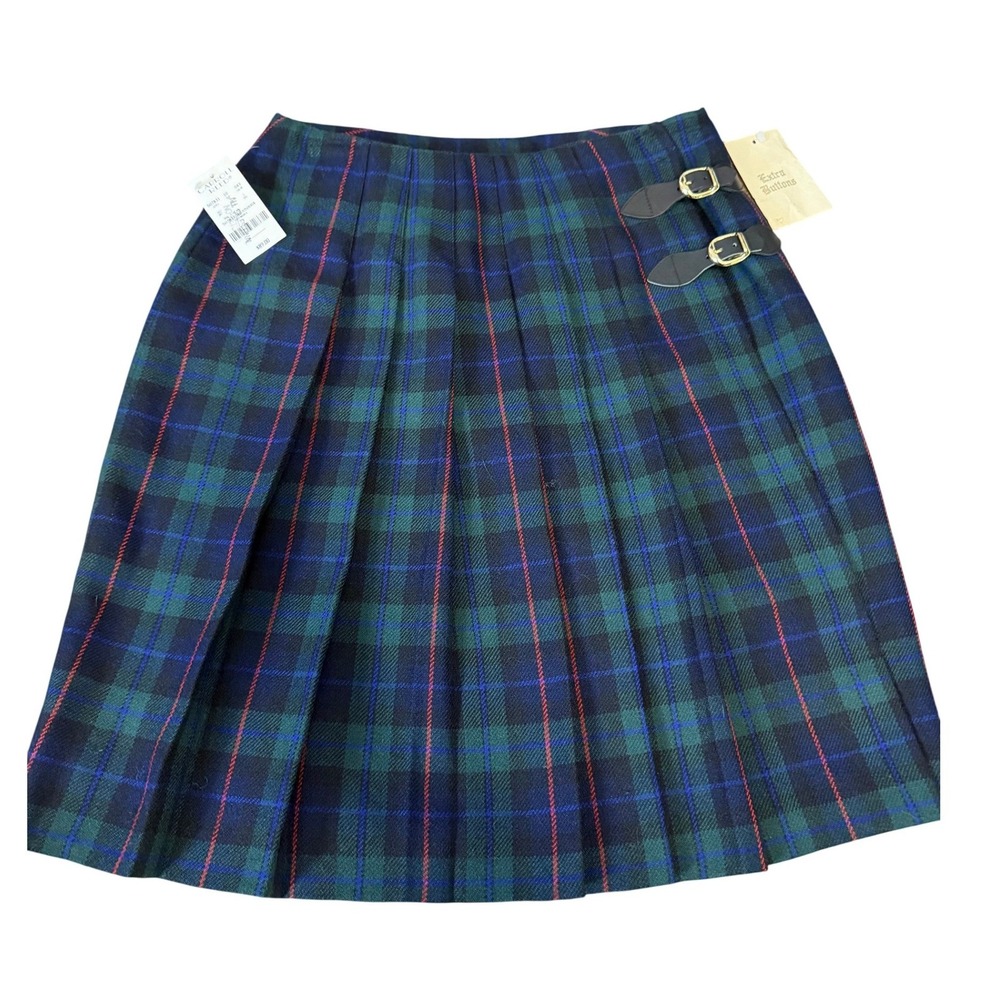 CARROLL REED Wool Plaid Pleated Skirt Size 10 Gold Buckle Detail‎